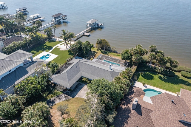 aerial view featuring a water view