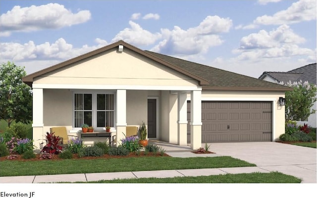 view of front facade featuring stucco siding, a porch, roof with shingles, concrete driveway, and a garage