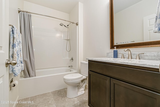 bathroom featuring vanity, toilet, and shower / tub combo with curtain