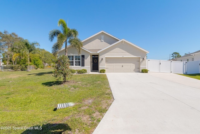 ranch-style home featuring stucco siding, driveway, a front lawn, a gate, and an attached garage