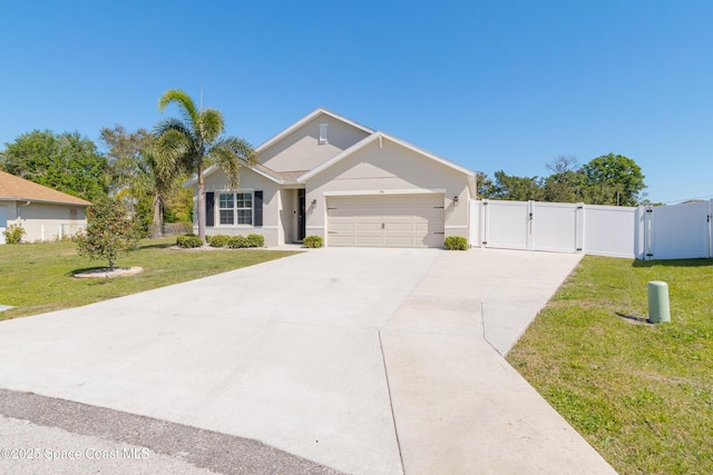 view of front of house featuring a front yard, a gate, driveway, an attached garage, and stucco siding