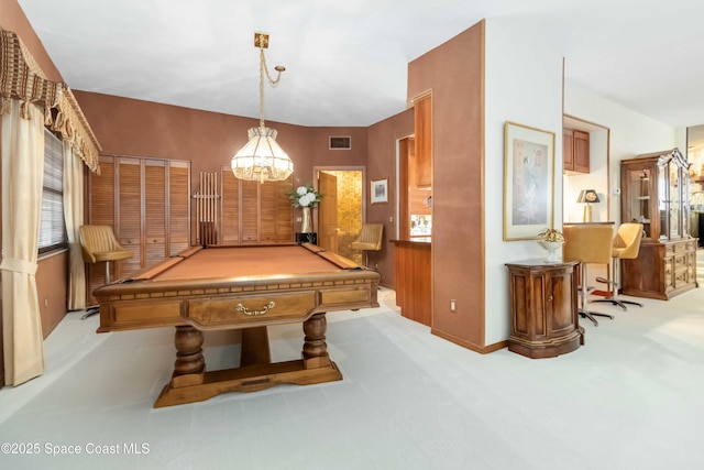 recreation room featuring visible vents, carpet, billiards, and a notable chandelier