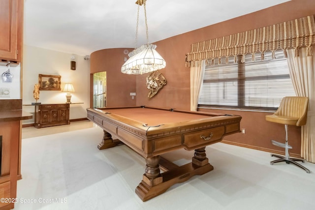 playroom featuring light colored carpet, pool table, and baseboards