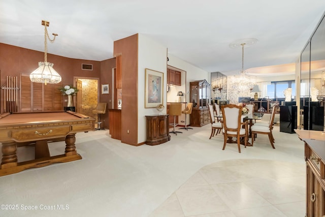 rec room with visible vents, a notable chandelier, pool table, and carpet