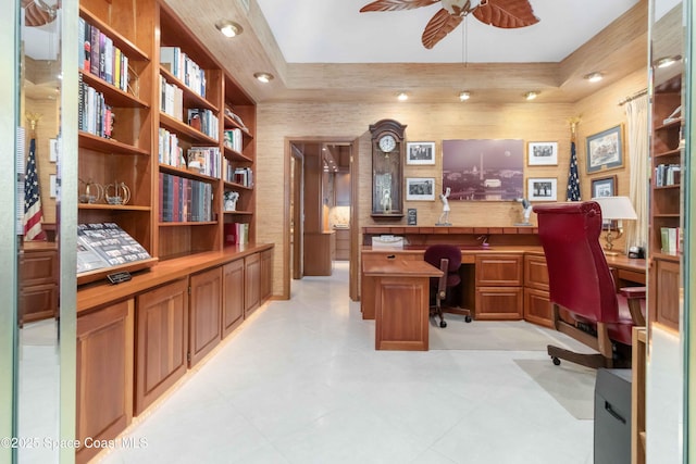 office featuring built in study area, recessed lighting, and ceiling fan