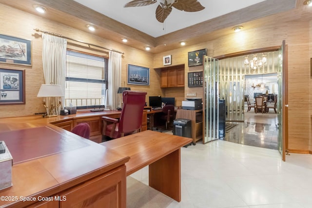 office area with light tile patterned flooring, recessed lighting, and ceiling fan with notable chandelier