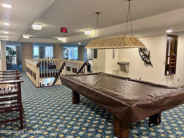 playroom featuring recessed lighting, carpet, and billiards