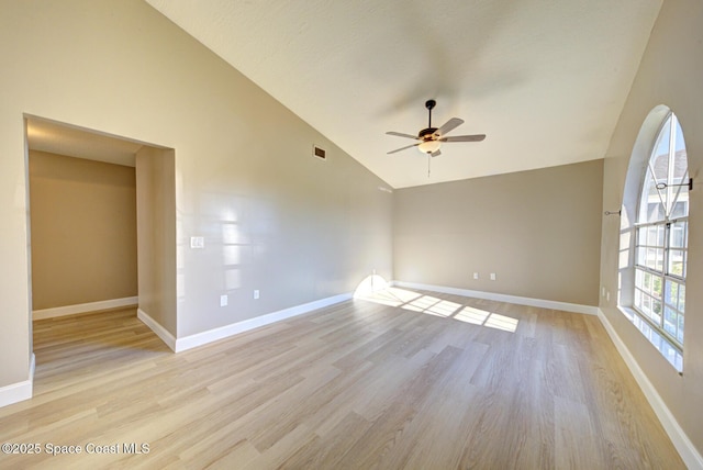 empty room featuring visible vents, baseboards, ceiling fan, and light wood finished floors