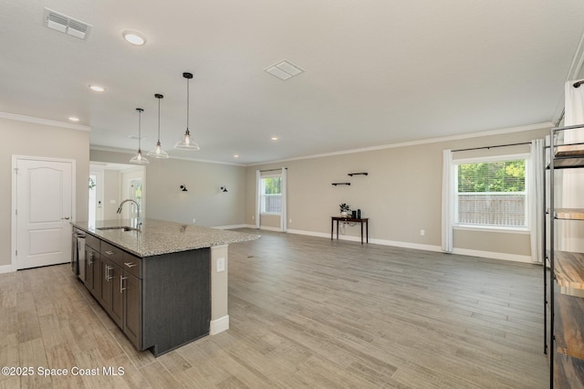 kitchen featuring light wood-style flooring, visible vents, a wealth of natural light, and a sink