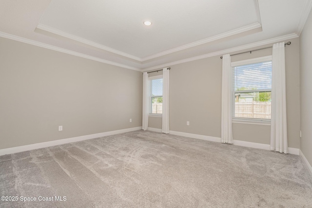 unfurnished room featuring baseboards, light colored carpet, a raised ceiling, and ornamental molding