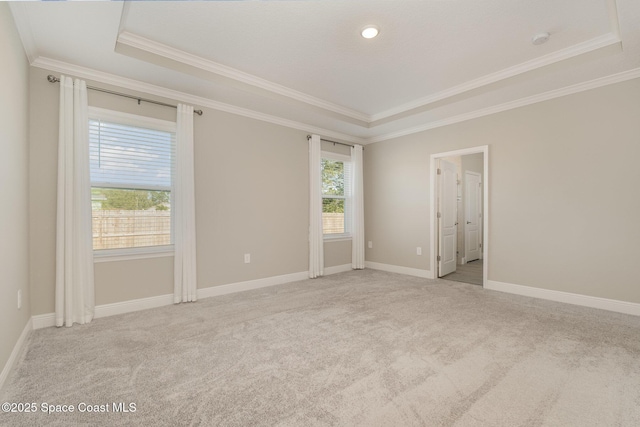 spare room with a tray ceiling, baseboards, carpet floors, and crown molding