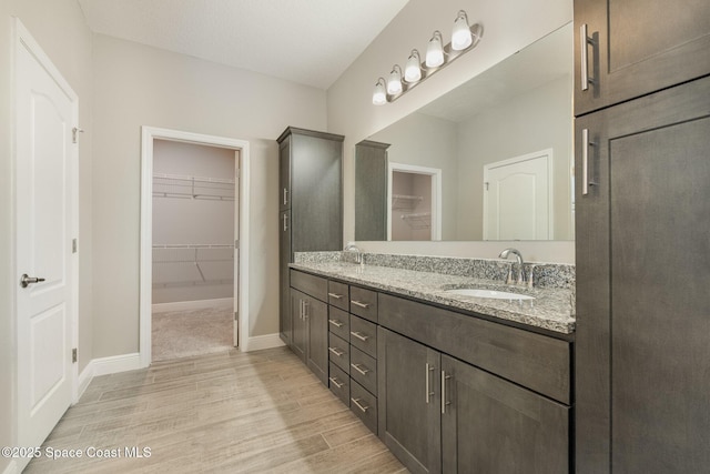 full bath with a sink, a walk in closet, wood finished floors, and double vanity