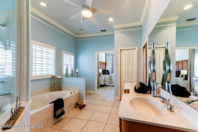 full bathroom featuring visible vents, ensuite bath, a whirlpool tub, ornamental molding, and tile patterned flooring