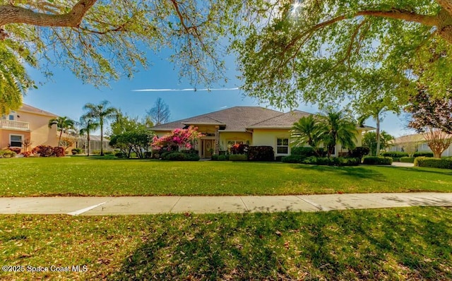 view of front of property featuring stucco siding and a front yard