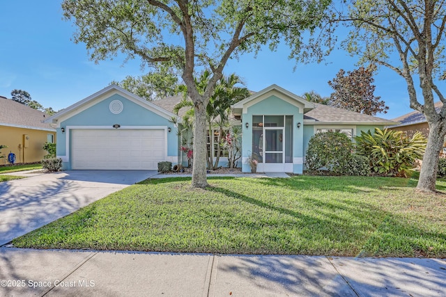 ranch-style home featuring stucco siding, an attached garage, concrete driveway, and a front yard