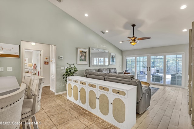 kitchen featuring baseboards, recessed lighting, visible vents, and ceiling fan