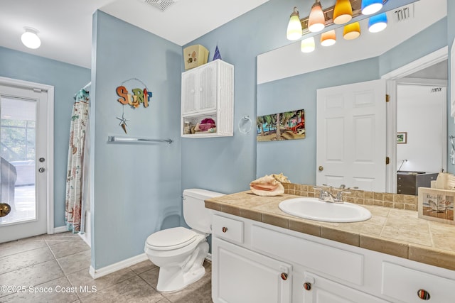 full bath with tile patterned floors, visible vents, toilet, and a wealth of natural light