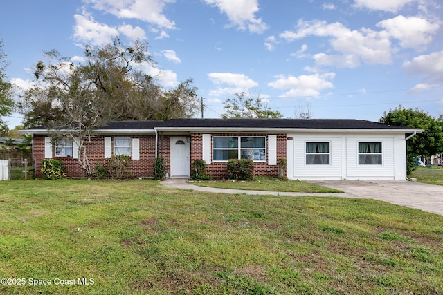 single story home featuring brick siding and a front yard