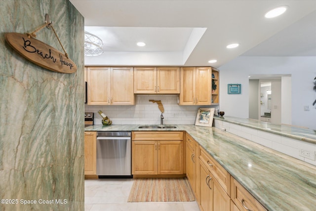 kitchen featuring light stone counters, open shelves, a sink, dishwasher, and tasteful backsplash