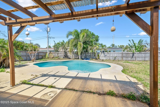 view of pool with a fenced backyard, a fenced in pool, and a patio