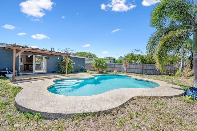 view of pool with a patio, a fenced backyard, a fenced in pool, and ceiling fan