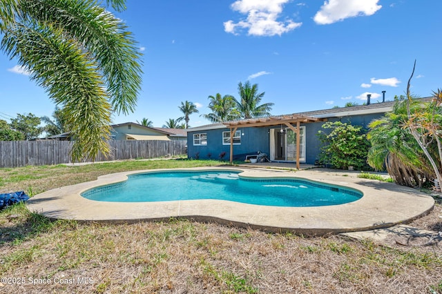 view of pool featuring a fenced in pool, a patio, a fenced backyard, and a pergola