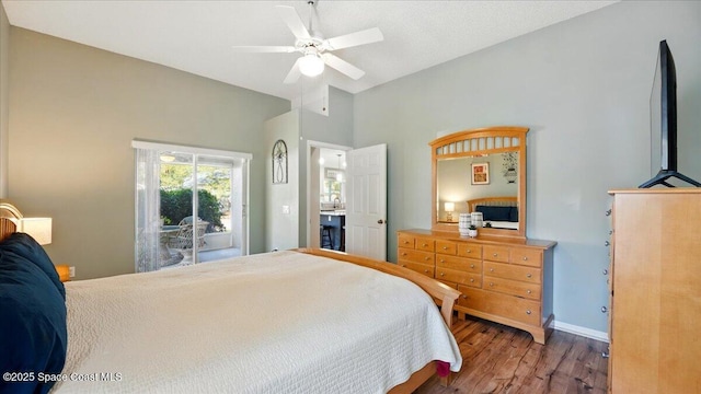 bedroom with access to outside, ceiling fan, baseboards, and wood finished floors