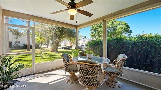 sunroom featuring plenty of natural light and ceiling fan