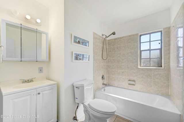 full bath featuring tile patterned flooring, shower / bathtub combination, toilet, and vanity