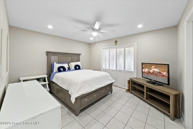 bedroom featuring a ceiling fan, light tile patterned floors, and recessed lighting