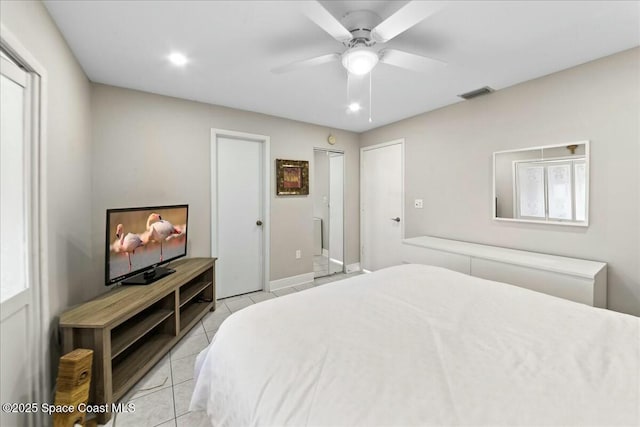 bedroom with light tile patterned floors, visible vents, recessed lighting, and a ceiling fan