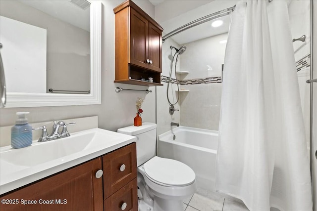 full bath featuring tile patterned flooring, visible vents, toilet, shower / bath combo with shower curtain, and vanity