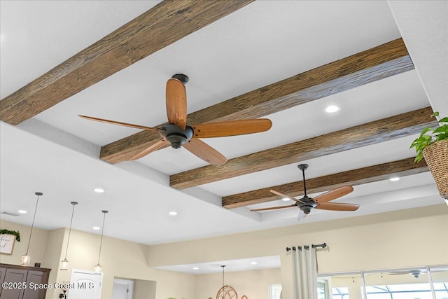 room details featuring beamed ceiling, recessed lighting, and ceiling fan