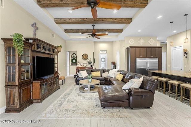 living room featuring a ceiling fan, visible vents, beam ceiling, light wood-style flooring, and recessed lighting