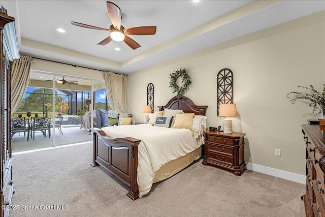 bedroom with access to exterior, baseboards, ceiling fan, light carpet, and recessed lighting