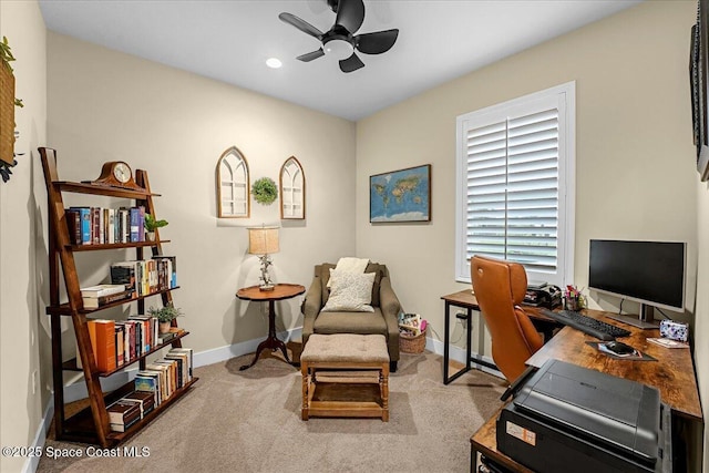 carpeted office space with recessed lighting, baseboards, and ceiling fan