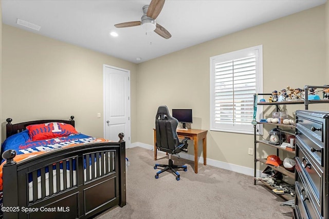 bedroom with carpet flooring, baseboards, visible vents, and ceiling fan