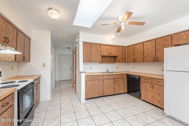 kitchen featuring range with electric cooktop, black dishwasher, freestanding refrigerator, a ceiling fan, and a sink