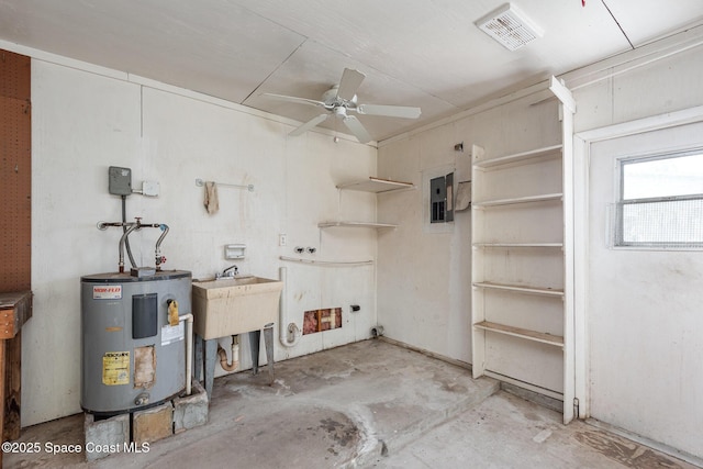 interior space featuring visible vents, electric panel, a sink, electric water heater, and ceiling fan