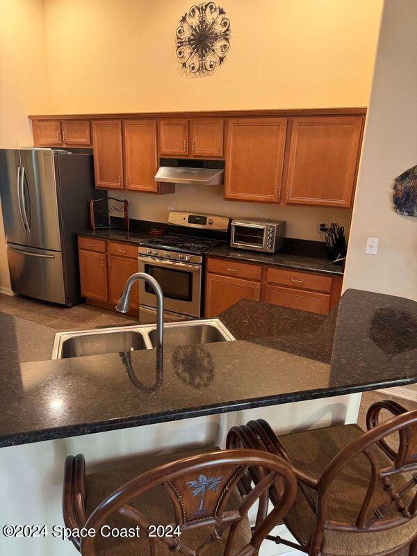 kitchen with a breakfast bar, a sink, stainless steel appliances, a towering ceiling, and under cabinet range hood