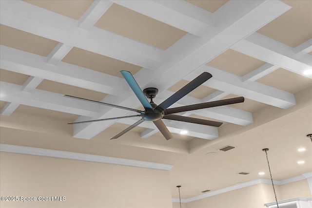 interior details featuring visible vents, coffered ceiling, beam ceiling, recessed lighting, and ceiling fan