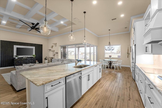 kitchen featuring visible vents, open floor plan, appliances with stainless steel finishes, coffered ceiling, and a sink