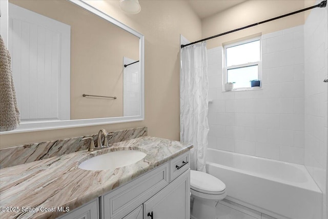 full bathroom featuring toilet, vanity, and shower / bath combination with curtain