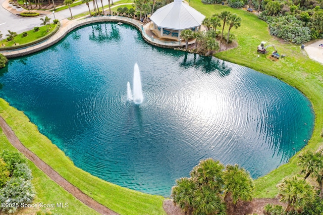 drone / aerial view with a water view