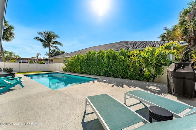 view of pool featuring a patio, a fenced backyard, a fenced in pool, and a grill