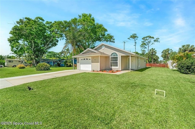 ranch-style home with concrete driveway, an attached garage, fence, and a front lawn