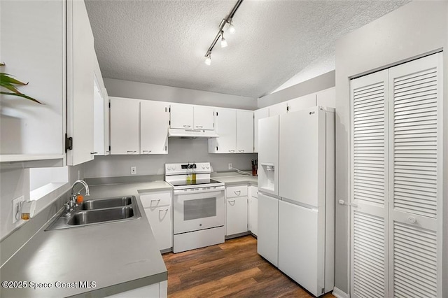 kitchen featuring white appliances, dark wood finished floors, a sink, under cabinet range hood, and a textured ceiling