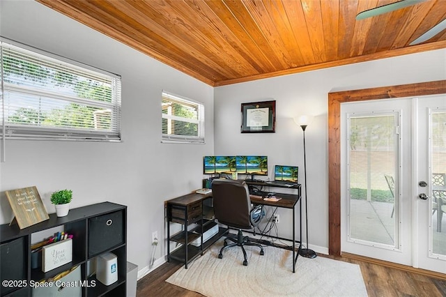 office space featuring ornamental molding, wood ceiling, baseboards, and dark wood-style flooring