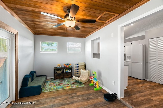 game room featuring visible vents, crown molding, ceiling fan, wood ceiling, and wood finished floors