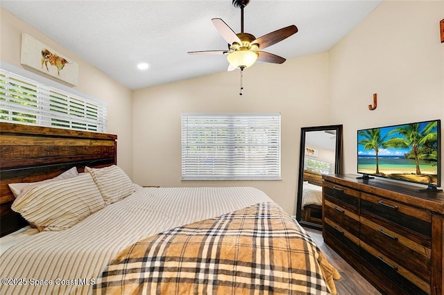 bedroom featuring vaulted ceiling, wood finished floors, and ceiling fan